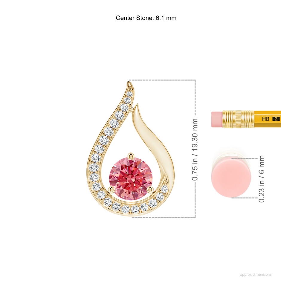 6.1mm AAAA Floating Fancy Intense Pink Diamond Tulip Pendant in Yellow Gold ruler
