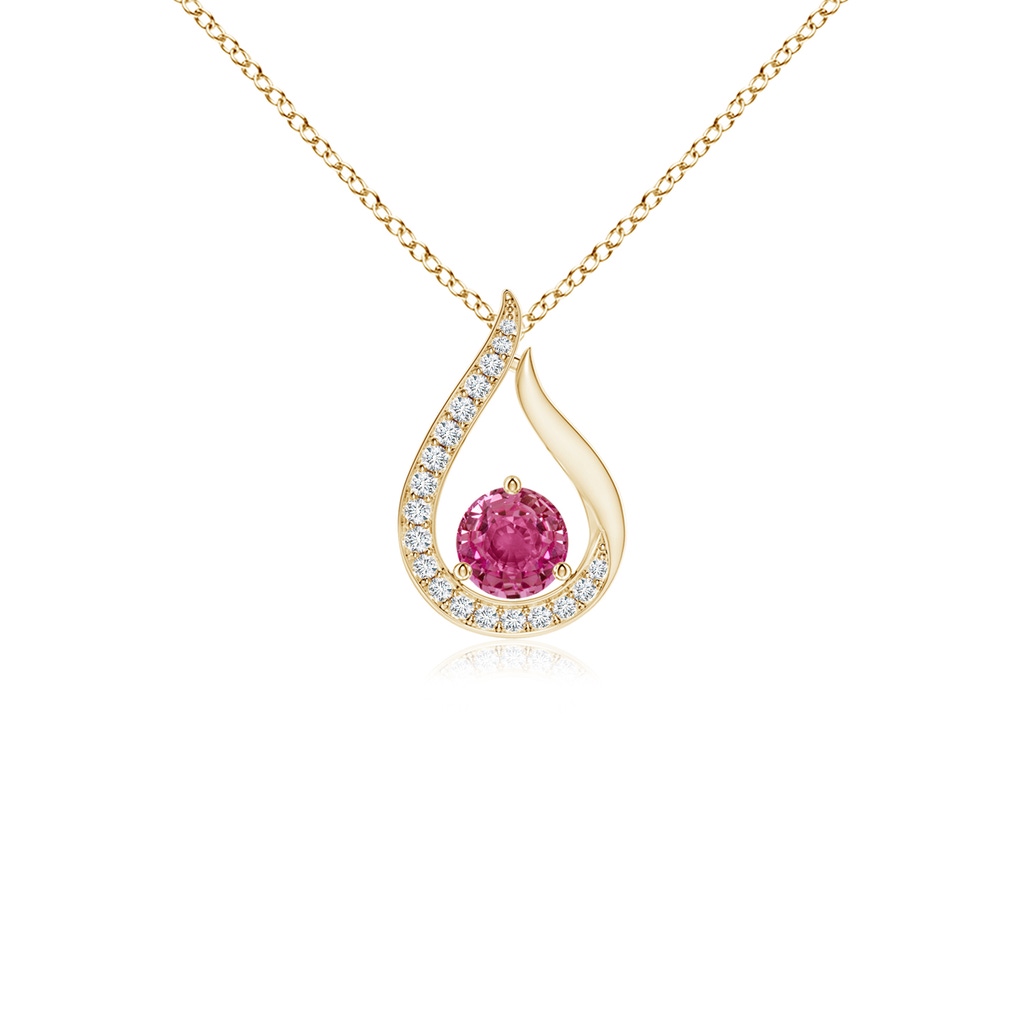 4mm AAAA Floating Pink Sapphire Tulip Pendant with Diamonds in Yellow Gold