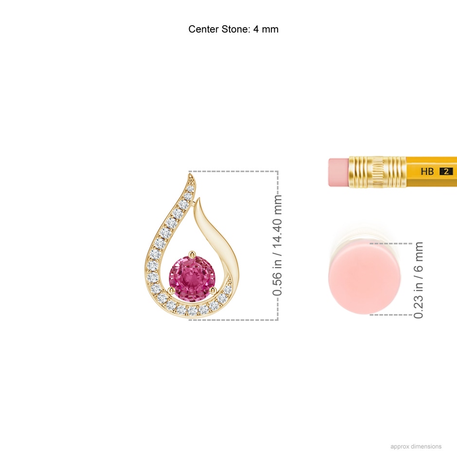 4mm AAAA Floating Pink Sapphire Tulip Pendant with Diamonds in Yellow Gold ruler