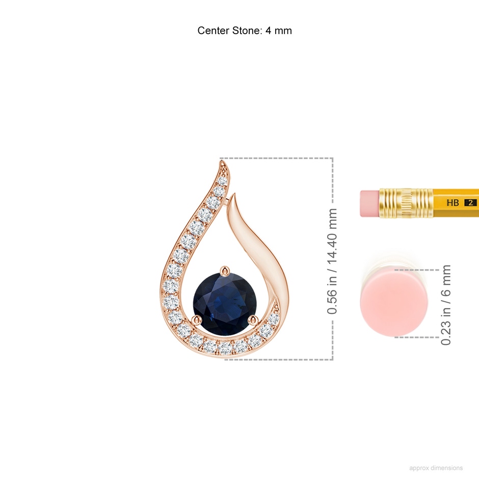 4mm A Floating Blue Sapphire Tulip Pendant with Diamonds in 9K Rose Gold ruler