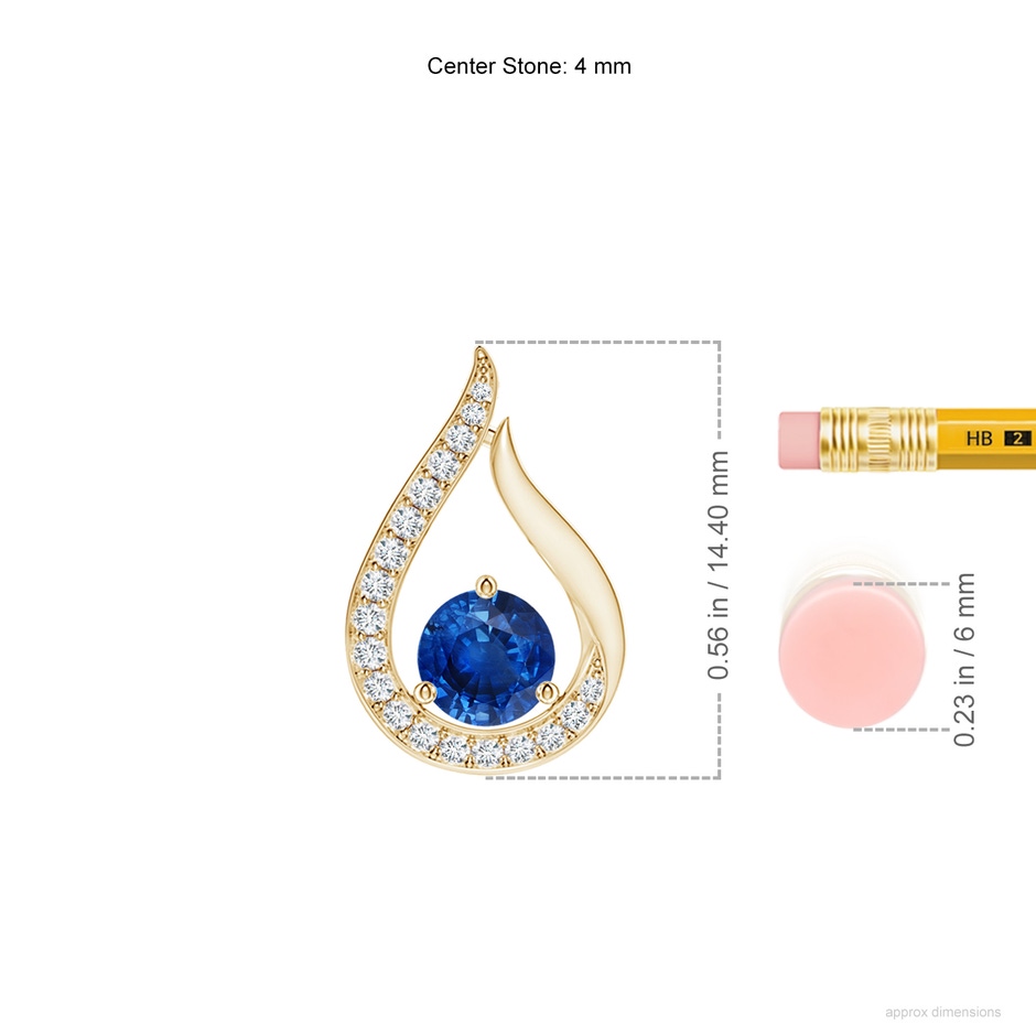 4mm AAA Floating Blue Sapphire Tulip Pendant with Diamonds in 9K Yellow Gold ruler