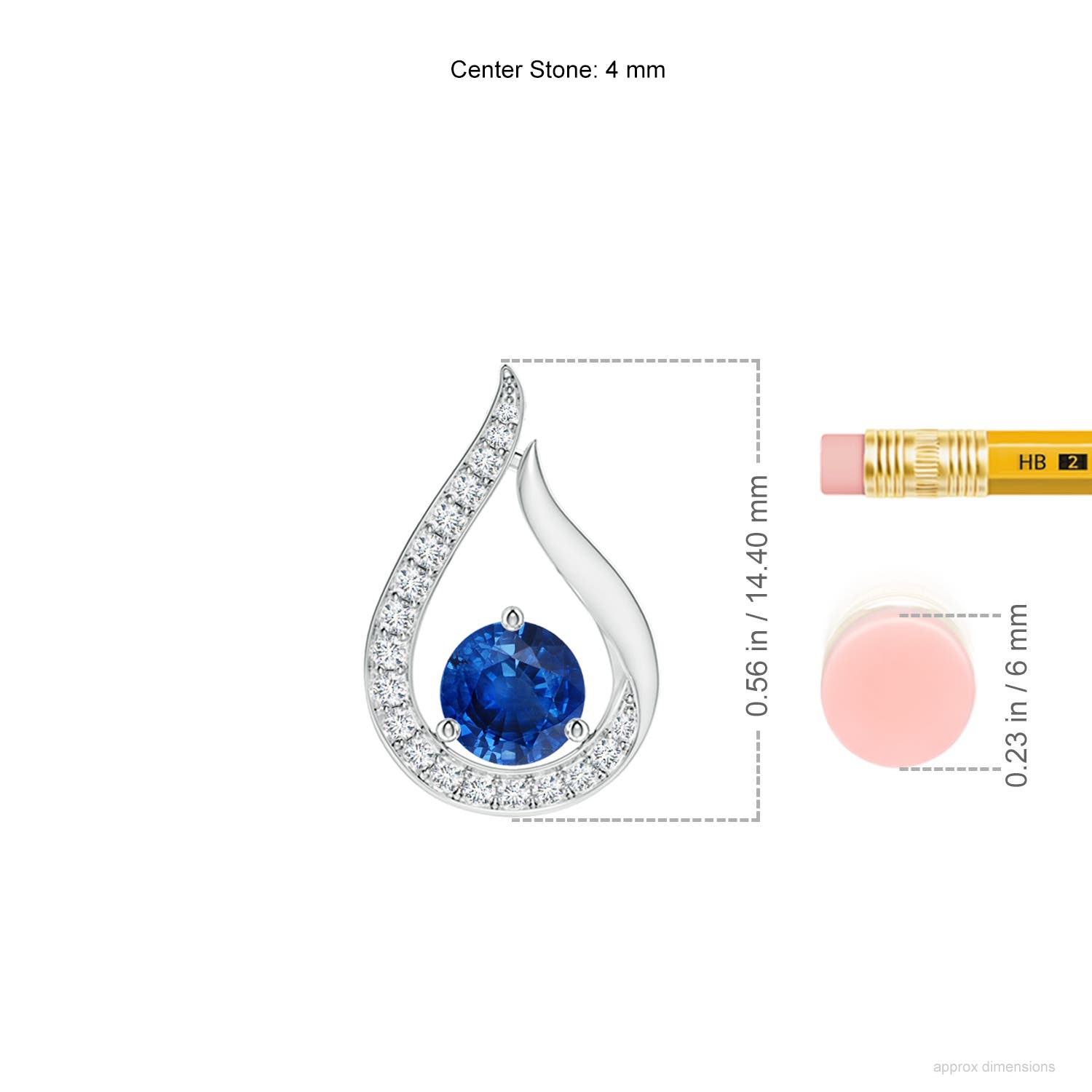 4mm AAA Floating Blue Sapphire Tulip Pendant with Diamonds in White Gold - ruler