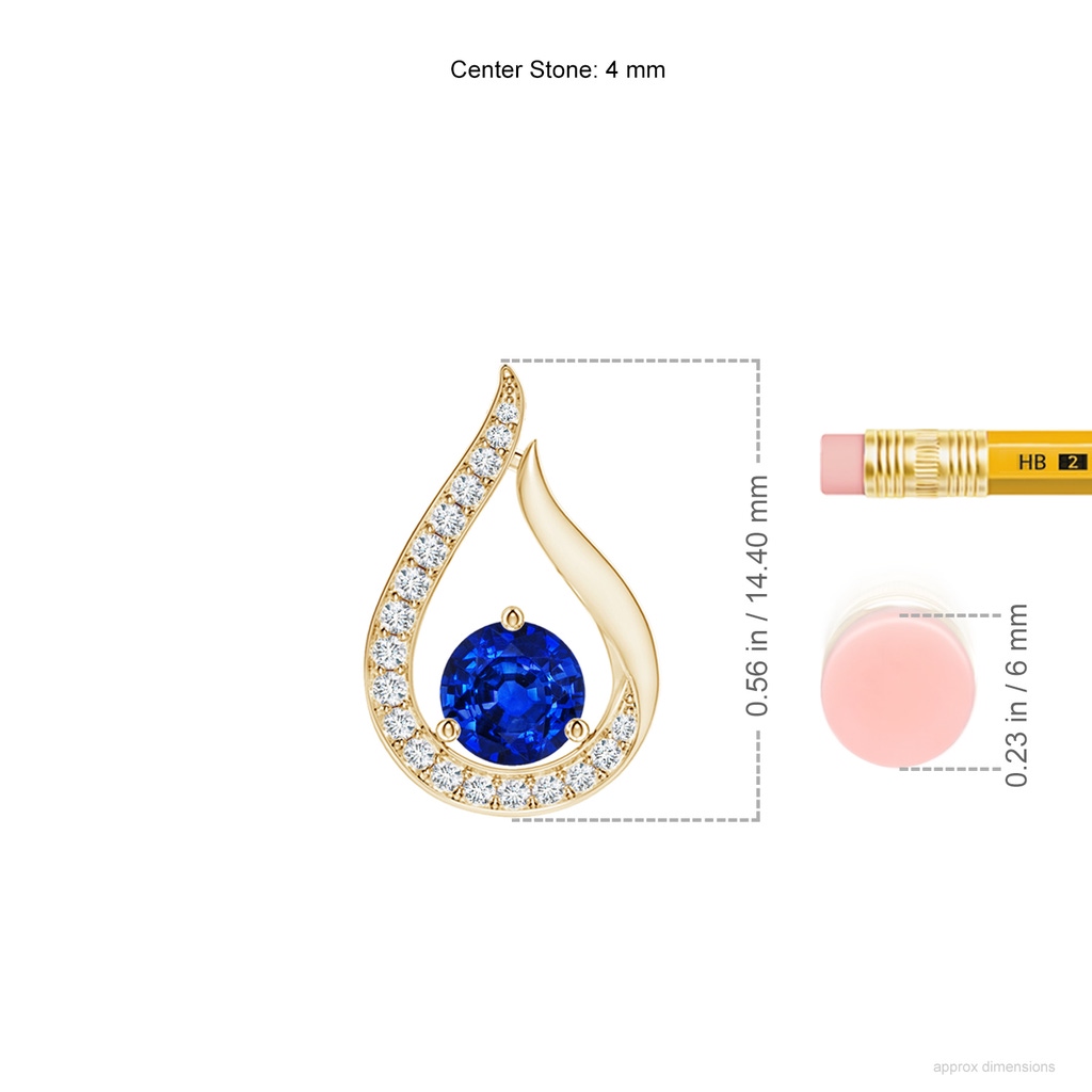 4mm AAAA Floating Blue Sapphire Tulip Pendant with Diamonds in Yellow Gold ruler
