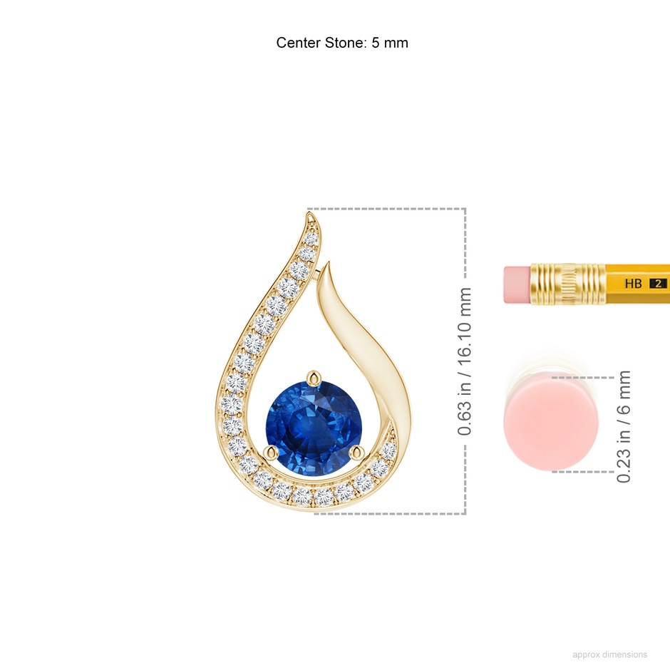 5mm AAA Floating Blue Sapphire Tulip Pendant with Diamonds in Yellow Gold ruler