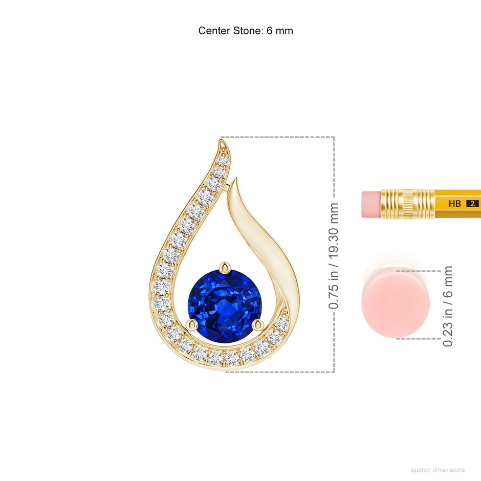 6mm AAAA Floating Blue Sapphire Tulip Pendant with Diamonds in Yellow Gold ruler