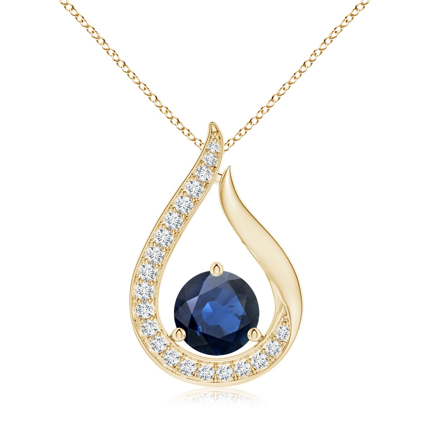 7mm AA Floating Blue Sapphire Tulip Pendant with Diamonds in Yellow Gold