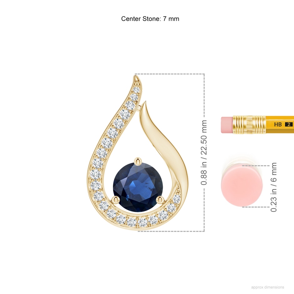 7mm AA Floating Blue Sapphire Tulip Pendant with Diamonds in Yellow Gold ruler