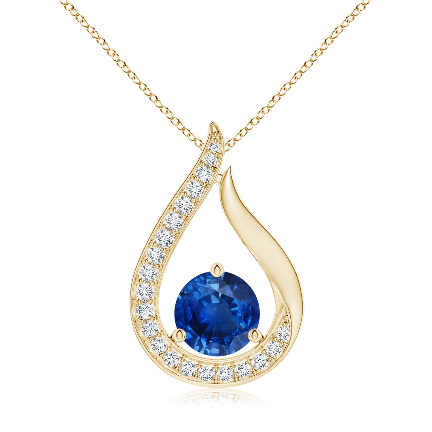 7mm AAA Floating Blue Sapphire Tulip Pendant with Diamonds in Yellow Gold