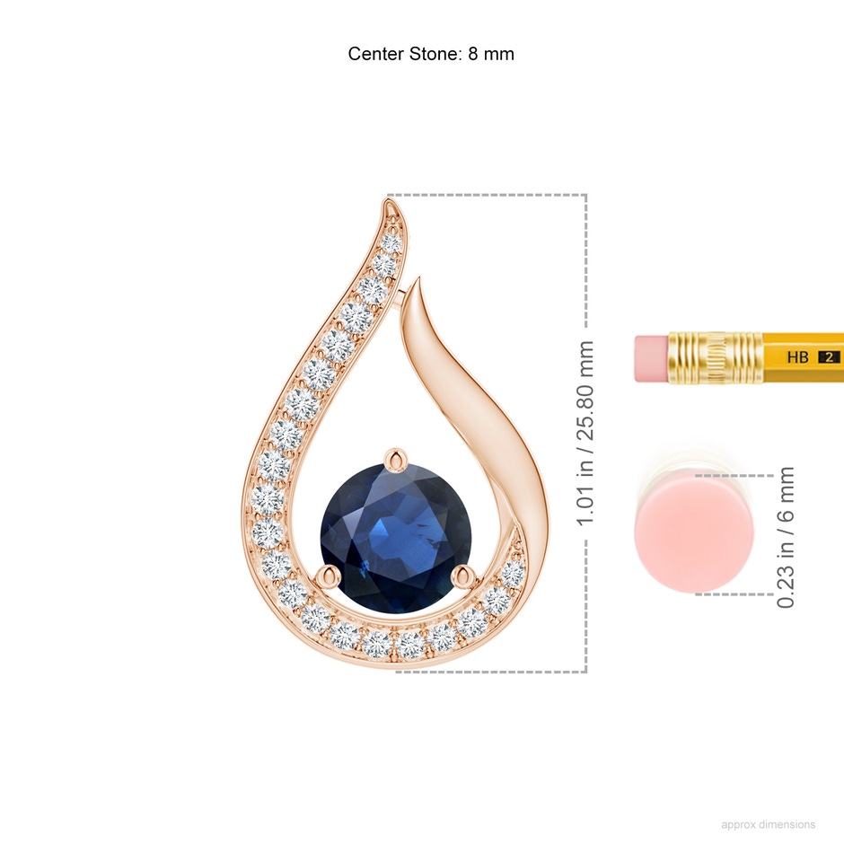 8mm AA Floating Blue Sapphire Tulip Pendant with Diamonds in Rose Gold ruler