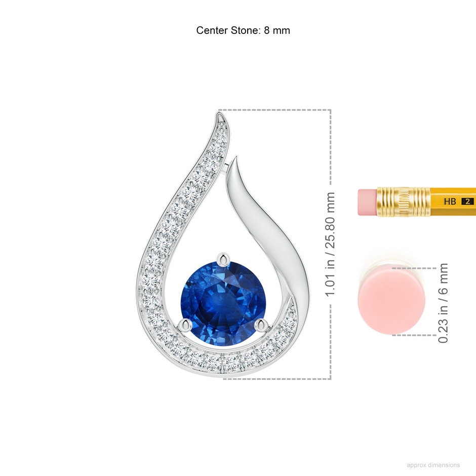 8mm AAA Floating Blue Sapphire Tulip Pendant with Diamonds in 18K White Gold ruler