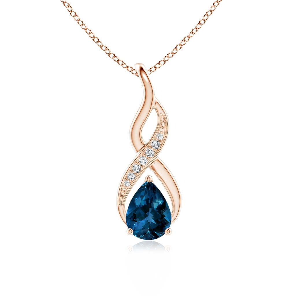 8x6mm AAAA London Blue Topaz Infinity Swirl Pendant with Diamonds in Rose Gold