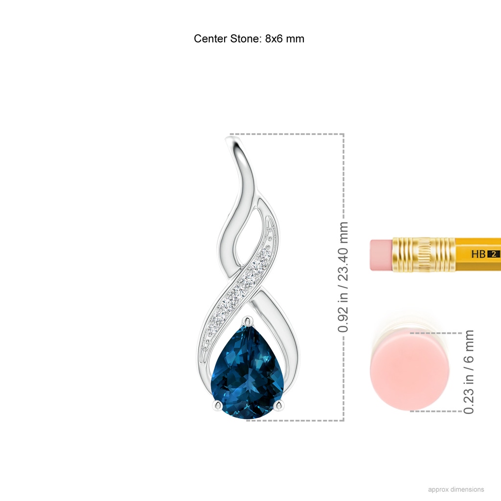8x6mm AAAA London Blue Topaz Infinity Swirl Pendant with Diamonds in White Gold ruler