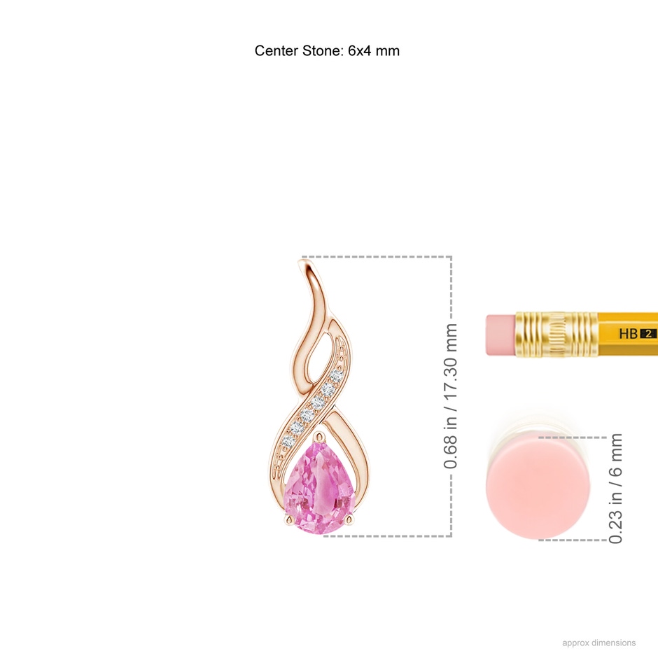 6x4mm A Pink Sapphire Infinity Swirl Pendant with Diamonds in Rose Gold ruler