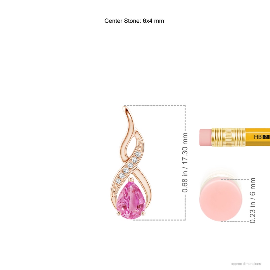 6x4mm AA Pink Sapphire Infinity Swirl Pendant with Diamonds in 9K Rose Gold ruler