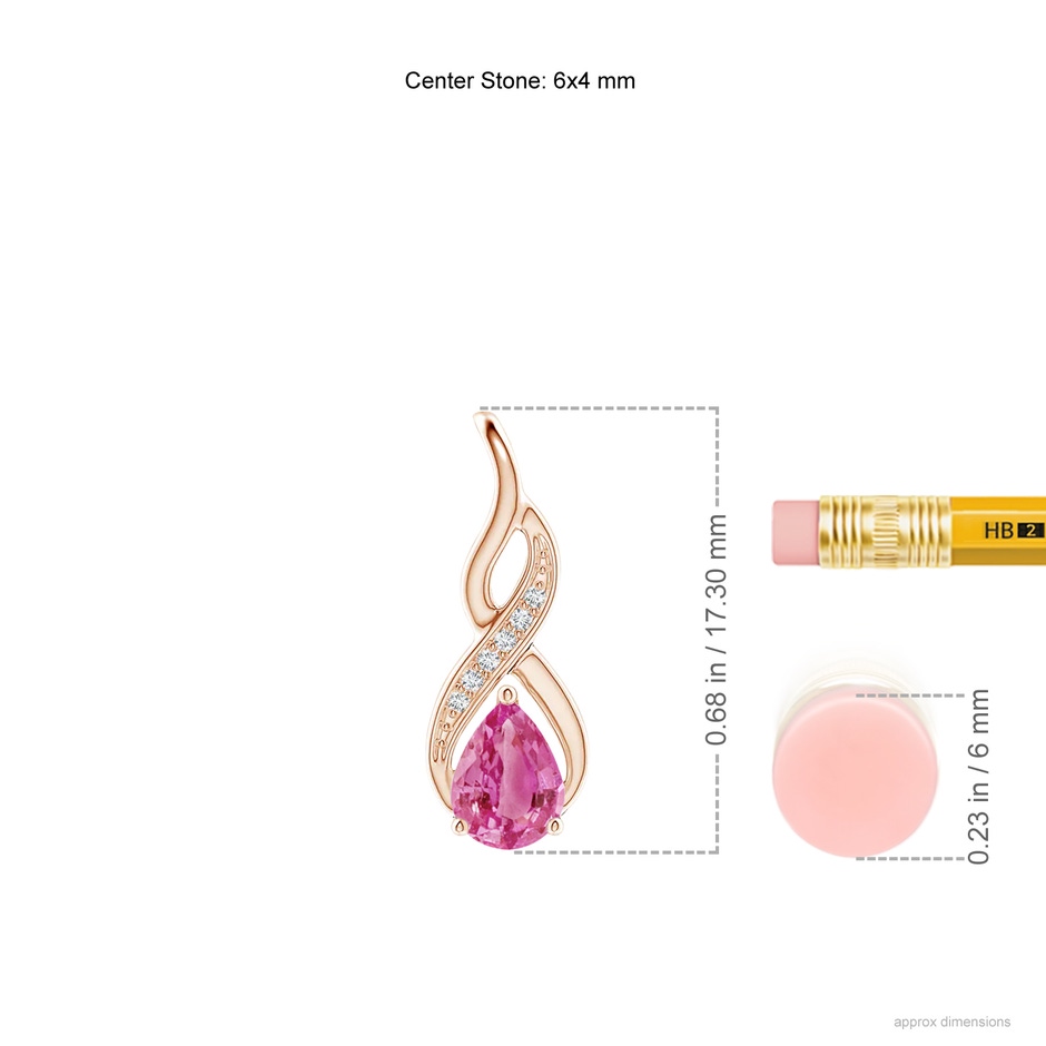 6x4mm AAA Pink Sapphire Infinity Swirl Pendant with Diamonds in Rose Gold ruler