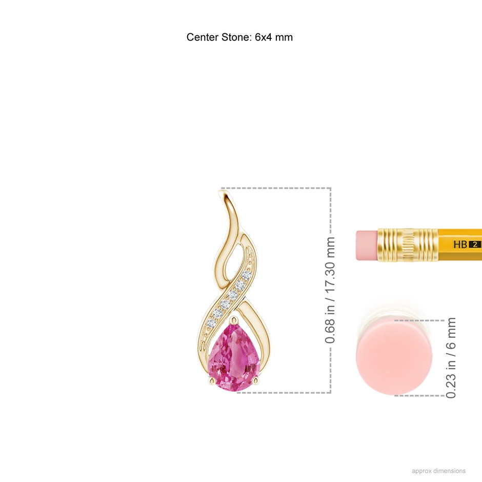 6x4mm AAA Pink Sapphire Infinity Swirl Pendant with Diamonds in Yellow Gold ruler