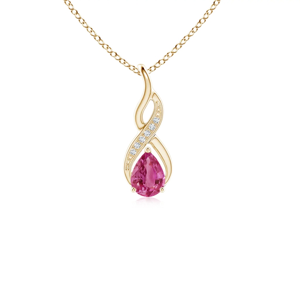 6x4mm AAAA Pink Sapphire Infinity Swirl Pendant with Diamonds in Yellow Gold