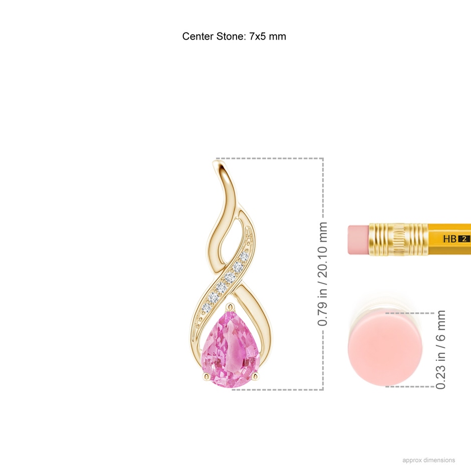 7x5mm A Pink Sapphire Infinity Swirl Pendant with Diamonds in Yellow Gold ruler