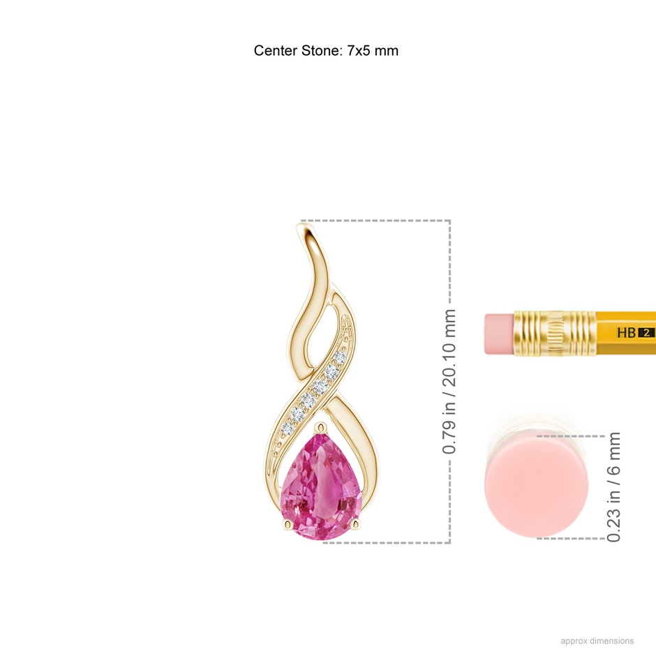 7x5mm AAA Pink Sapphire Infinity Swirl Pendant with Diamonds in Yellow Gold ruler