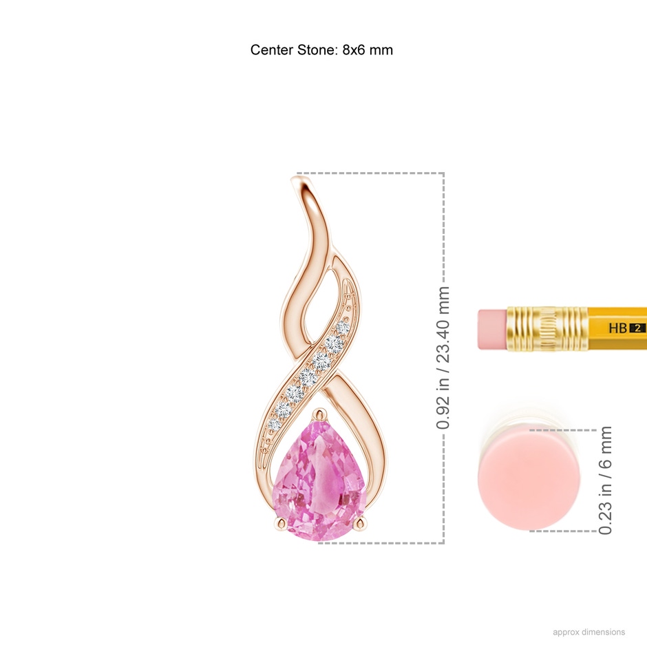 8x6mm A Pink Sapphire Infinity Swirl Pendant with Diamonds in Rose Gold ruler