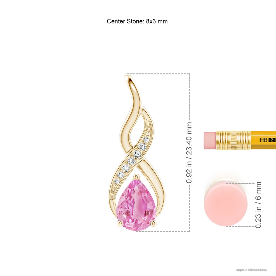 8x6mm A Pink Sapphire Infinity Swirl Pendant with Diamonds in Yellow Gold ruler
