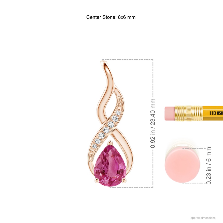 8x6mm AAAA Pink Sapphire Infinity Swirl Pendant with Diamonds in Rose Gold ruler