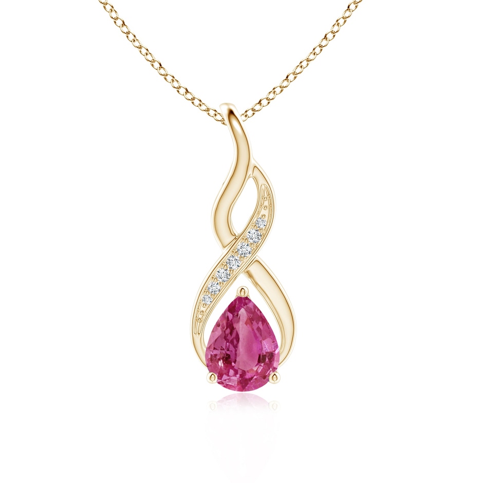 8x6mm AAAA Pink Sapphire Infinity Swirl Pendant with Diamonds in Yellow Gold 