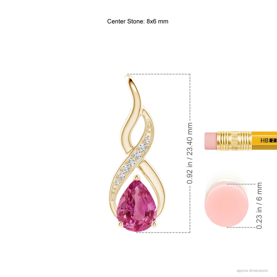8x6mm AAAA Pink Sapphire Infinity Swirl Pendant with Diamonds in Yellow Gold ruler