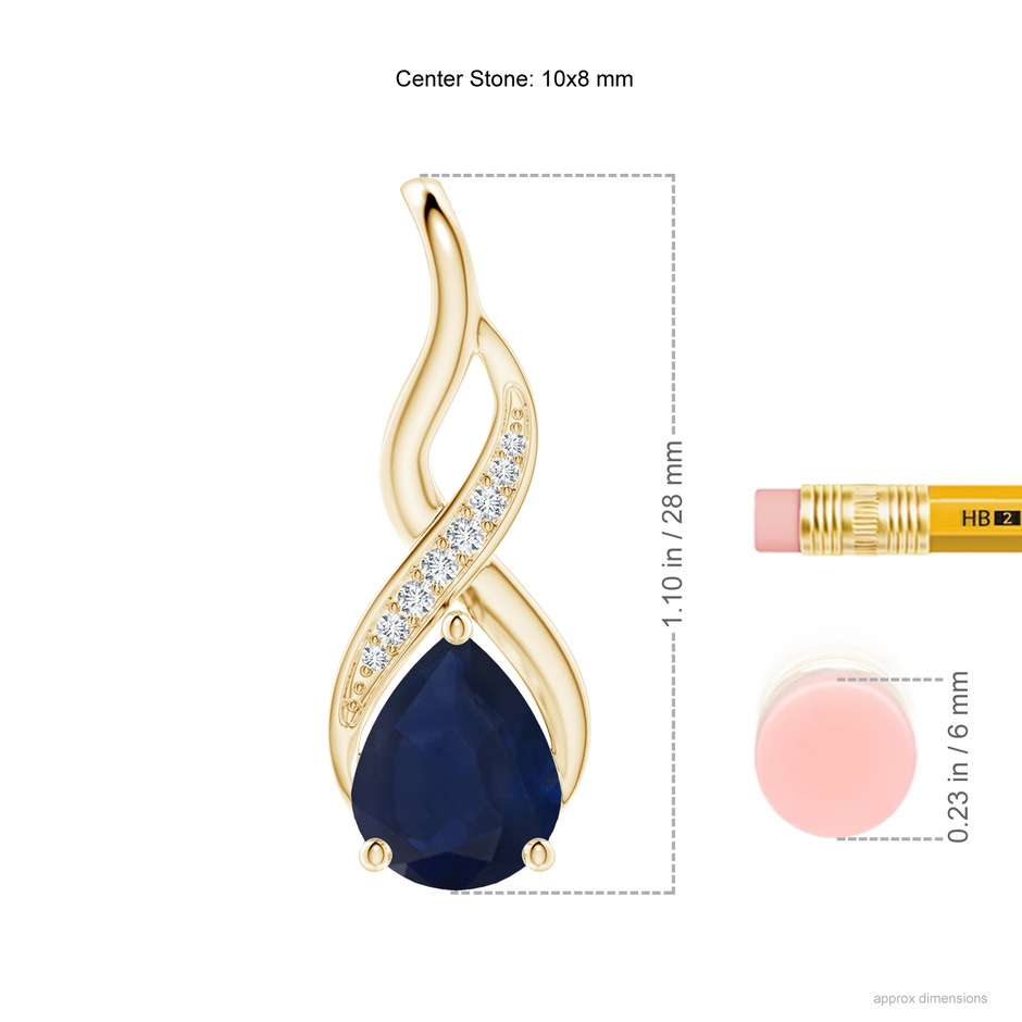 10x8mm A Blue Sapphire Infinity Swirl Pendant with Diamonds in Yellow Gold ruler