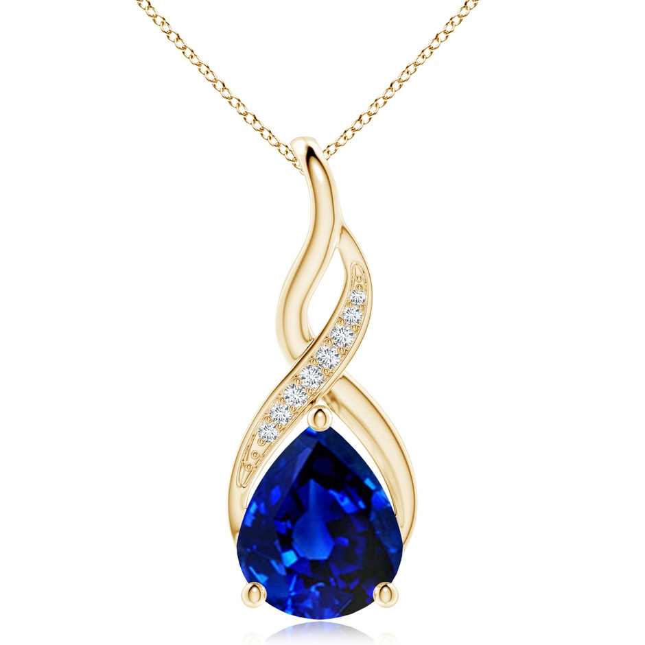 12x10mm Lab-Grown Blue Sapphire Infinity Swirl Pendant with Diamonds in Yellow Gold 