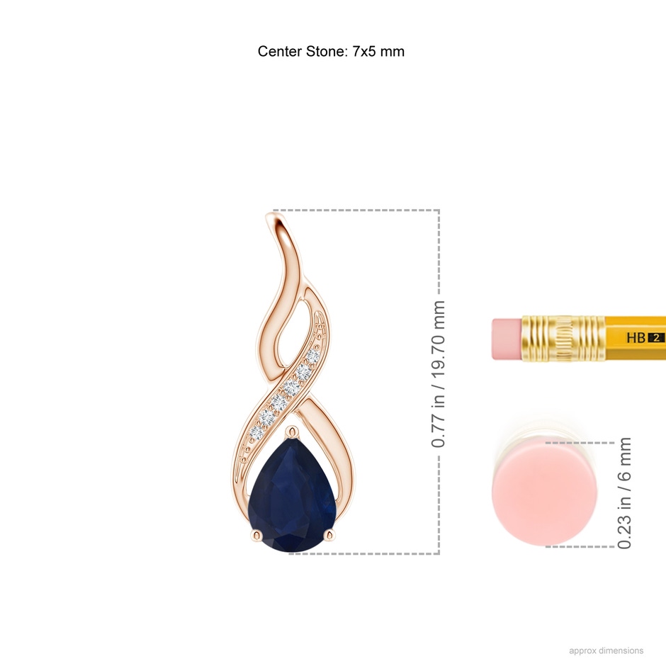 7x5mm A Blue Sapphire Infinity Swirl Pendant with Diamonds in 9K Rose Gold ruler