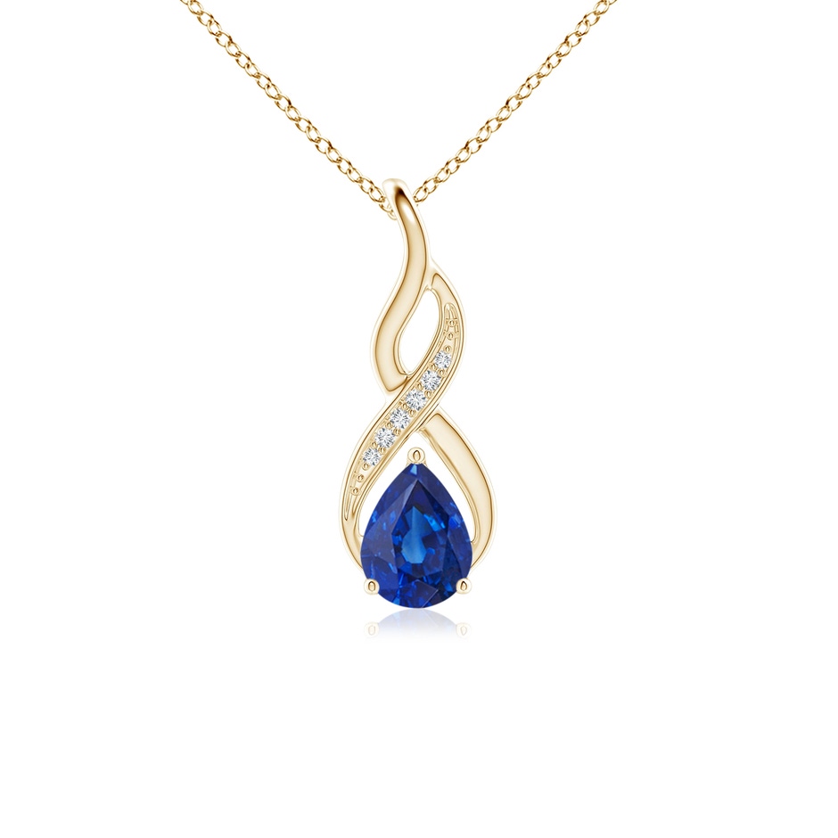7x5mm AAA Blue Sapphire Infinity Swirl Pendant with Diamonds in Yellow Gold 
