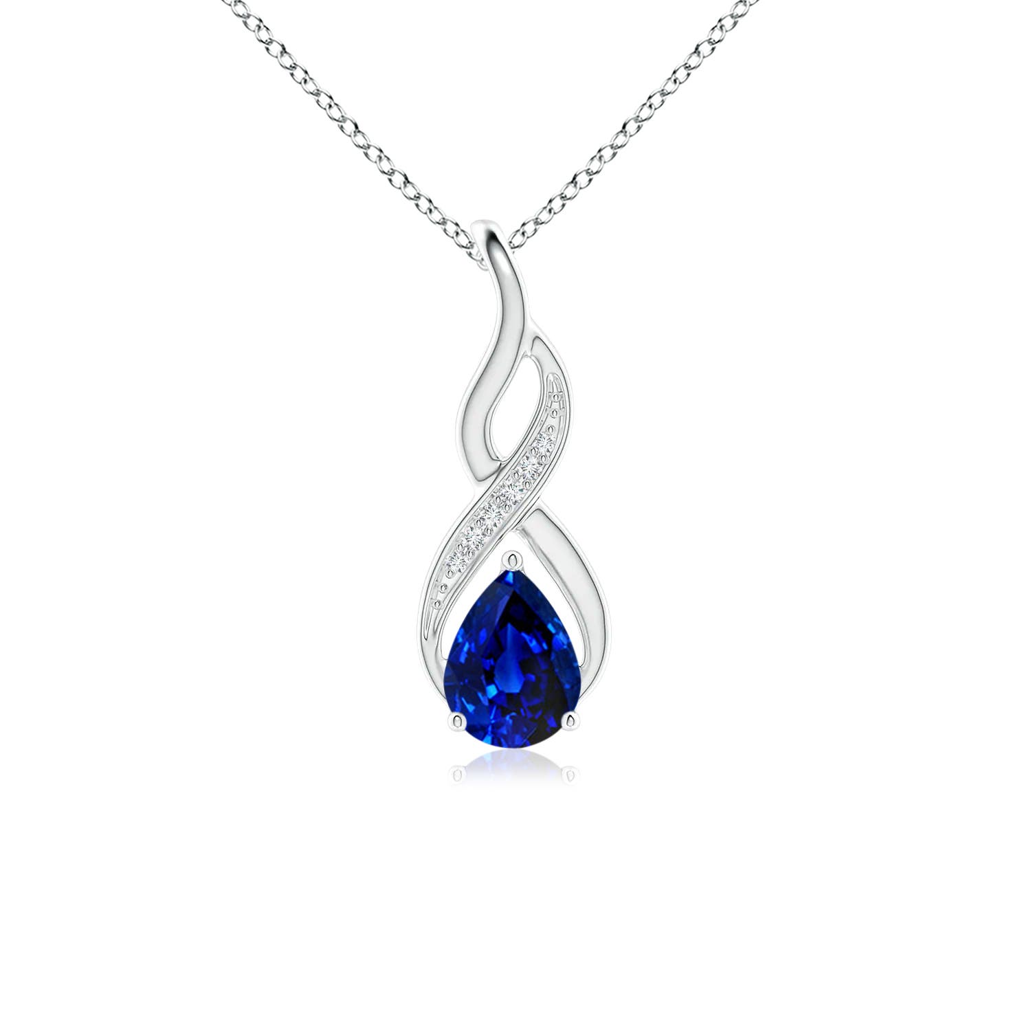 7x5mm AAAA Blue Sapphire Infinity Swirl Pendant with Diamonds in 18K White Gold