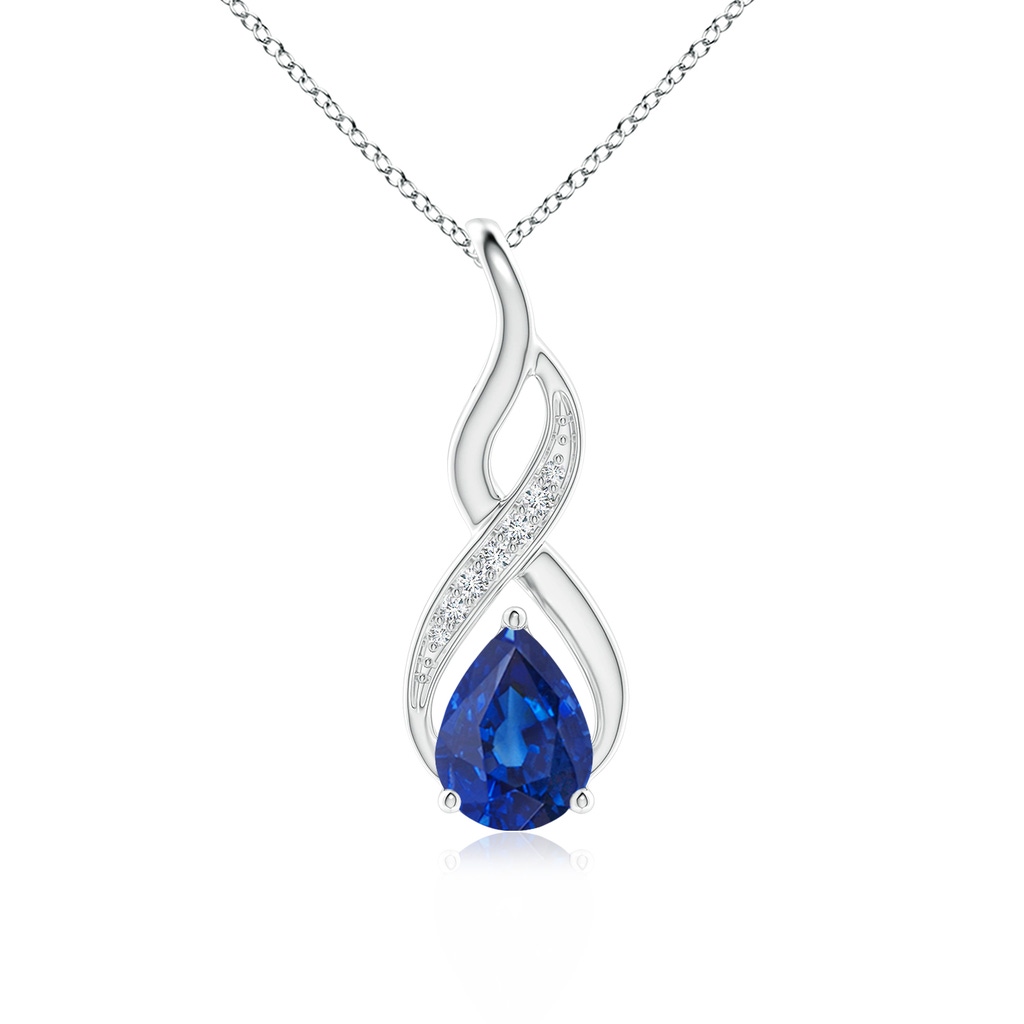 8x6mm AAA Blue Sapphire Infinity Swirl Pendant with Diamonds in 9K White Gold