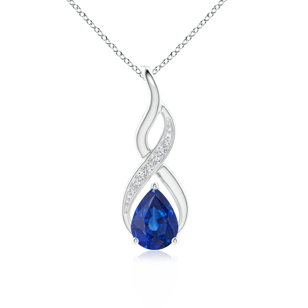 8x6mm AAA Blue Sapphire Infinity Swirl Pendant with Diamonds in White Gold 