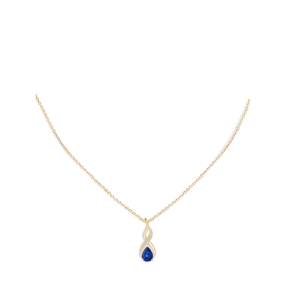 8x6mm AAA Blue Sapphire Infinity Swirl Pendant with Diamonds in Yellow Gold pen