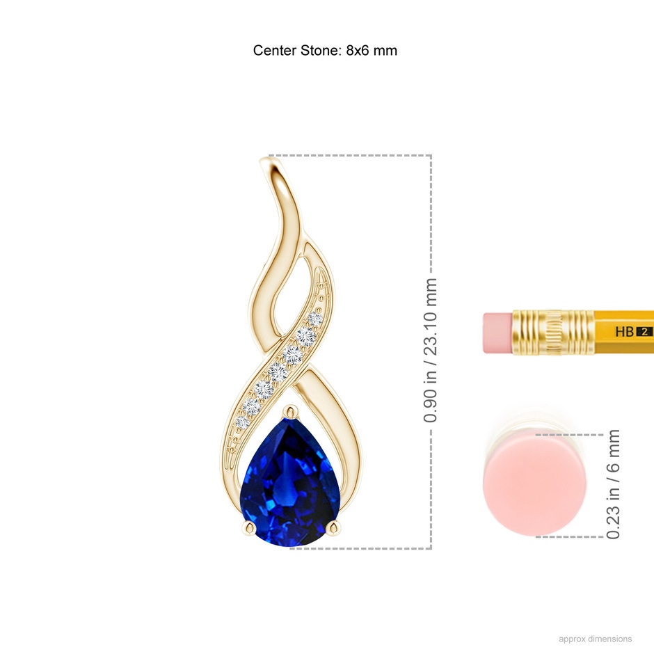 8x6mm AAAA Blue Sapphire Infinity Swirl Pendant with Diamonds in Yellow Gold ruler