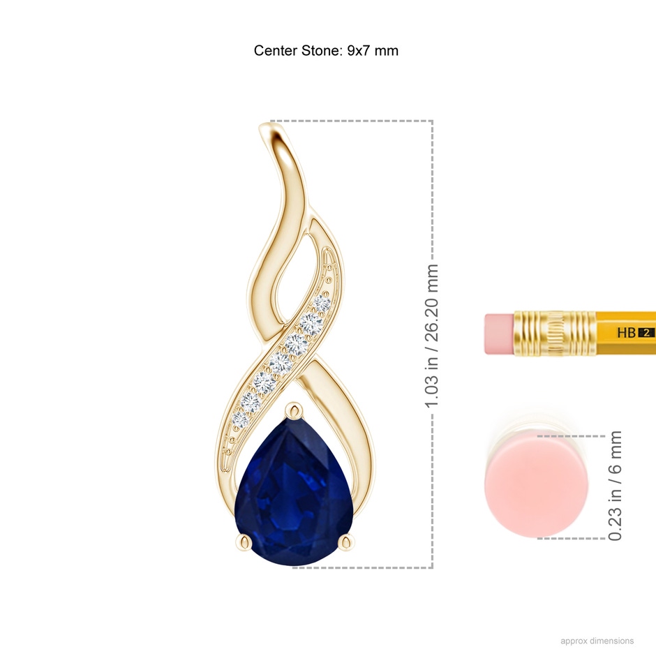 9x7mm AA Blue Sapphire Infinity Swirl Pendant with Diamonds in 18K Yellow Gold ruler