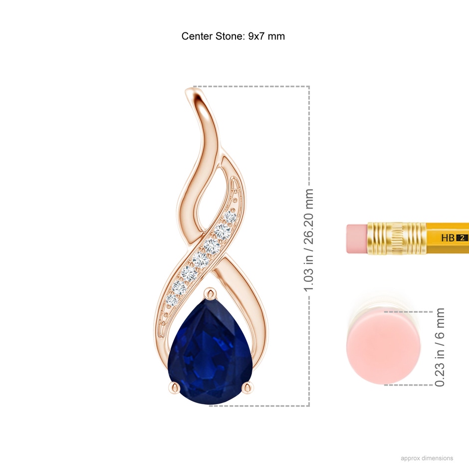 9x7mm AA Blue Sapphire Infinity Swirl Pendant with Diamonds in Rose Gold ruler
