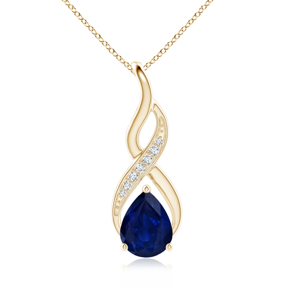 9x7mm AA Blue Sapphire Infinity Swirl Pendant with Diamonds in Yellow Gold 