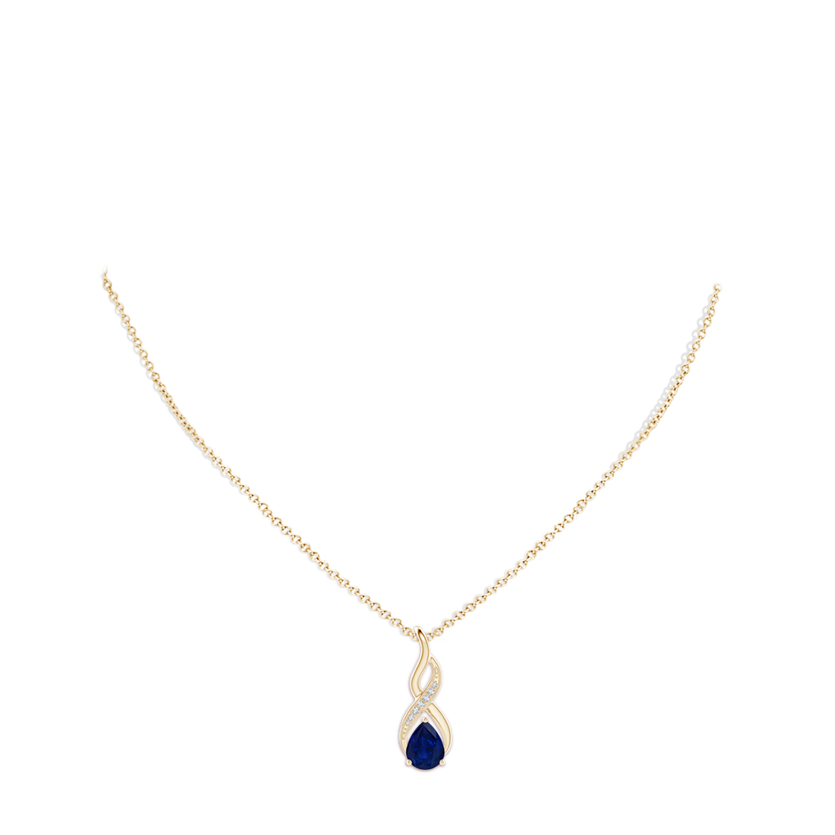 9x7mm AA Blue Sapphire Infinity Swirl Pendant with Diamonds in Yellow Gold pen