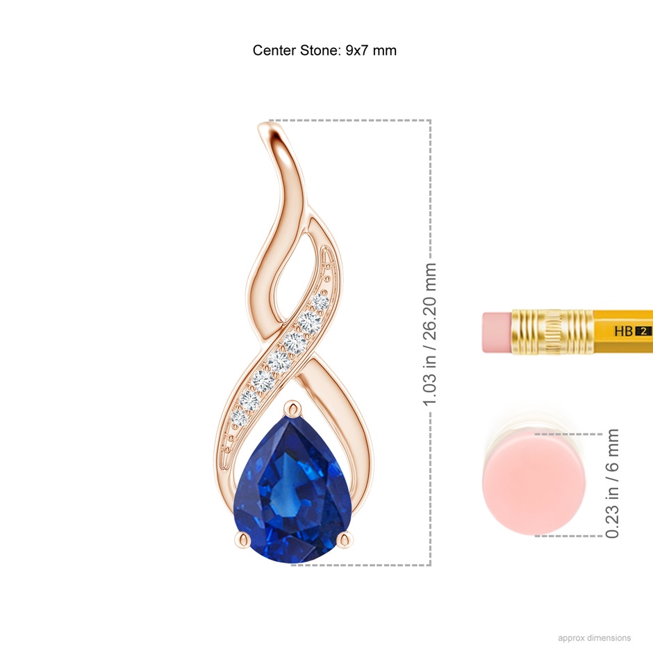 9x7mm AAA Blue Sapphire Infinity Swirl Pendant with Diamonds in 9K Rose Gold ruler
