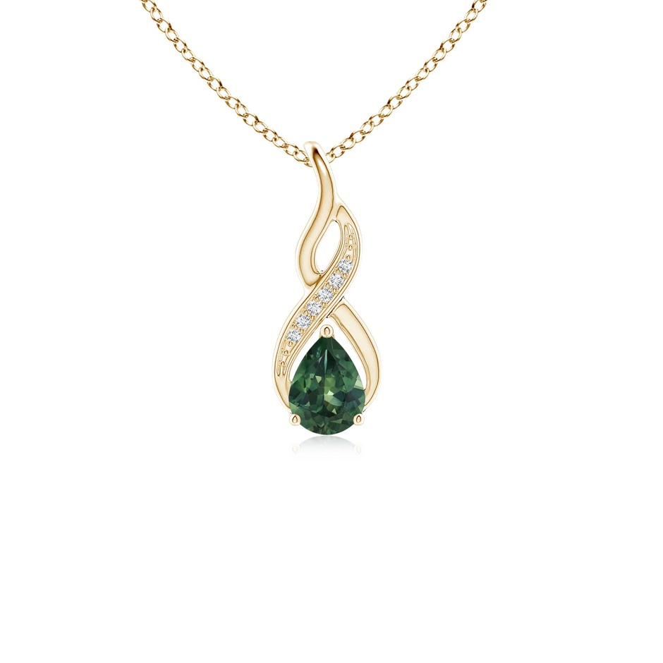 6x4mm AA Teal Montana Sapphire Infinity Swirl Pendant with Diamonds in Yellow Gold 
