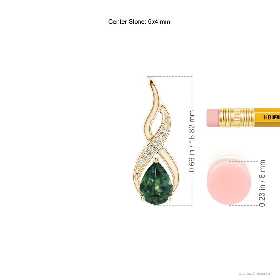 6x4mm AA Teal Montana Sapphire Infinity Swirl Pendant with Diamonds in Yellow Gold ruler