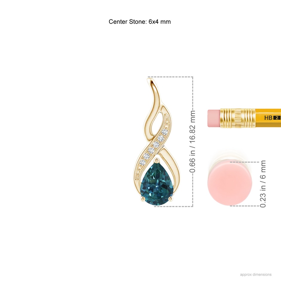 6x4mm AAA Teal Montana Sapphire Infinity Swirl Pendant with Diamonds in 9K Yellow Gold ruler