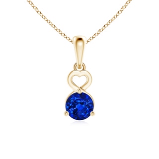5mm AAAA Round Blue Sapphire Drop Pendant with Open Heart in Yellow Gold