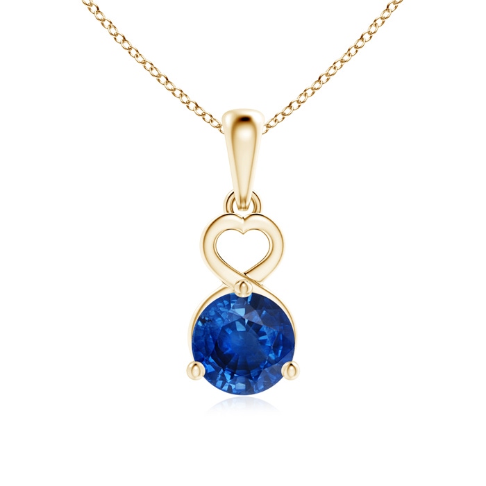 6mm AAA Round Blue Sapphire Drop Pendant with Open Heart in Yellow Gold