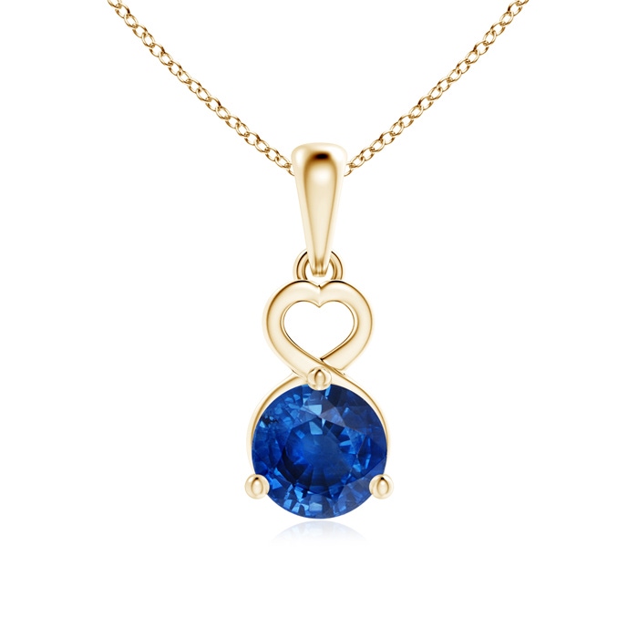 6mm AAA Round Blue Sapphire Drop Pendant with Open Heart in Yellow Gold 