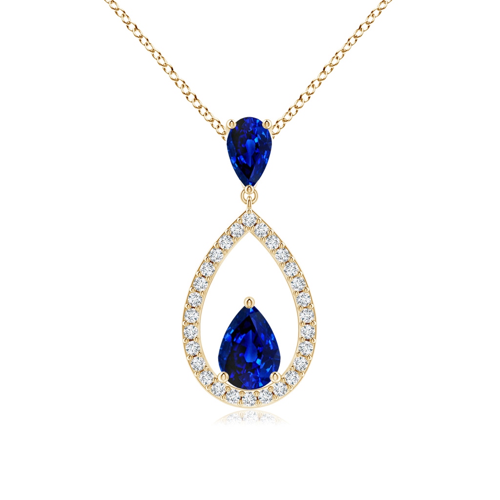 6x4mm AAAA Blue Sapphire Drop Pendant with Diamond Halo in Yellow Gold