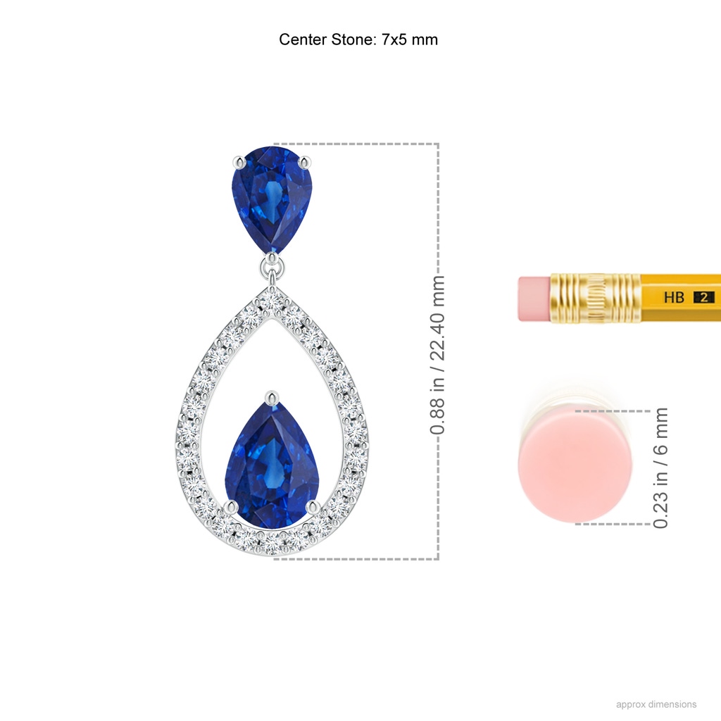 7x5mm AAA Blue Sapphire Drop Pendant with Diamond Halo in White Gold Ruler